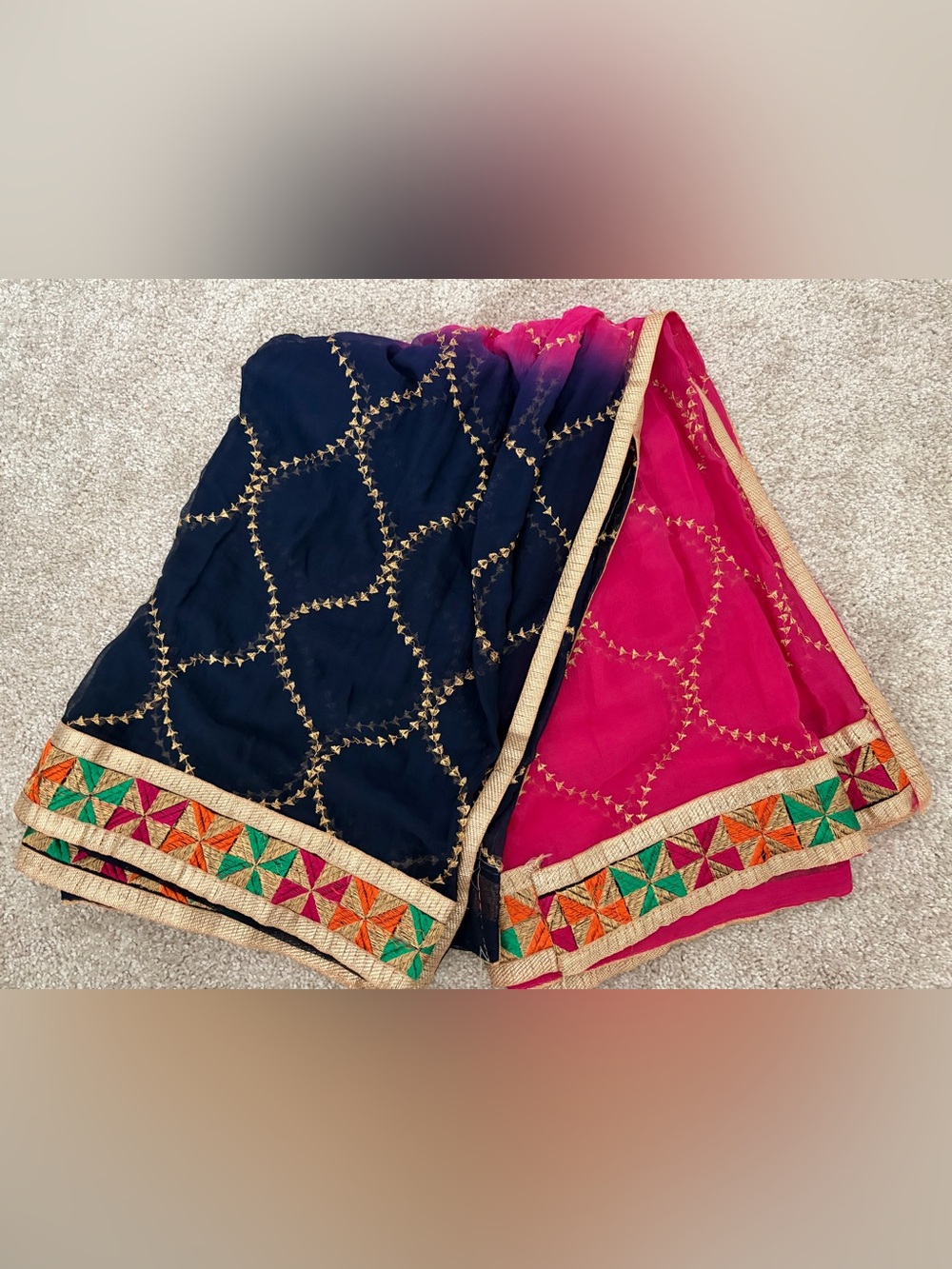 Embroidered Navy and Hot Pink Dupatta Scarf with Gold Trim